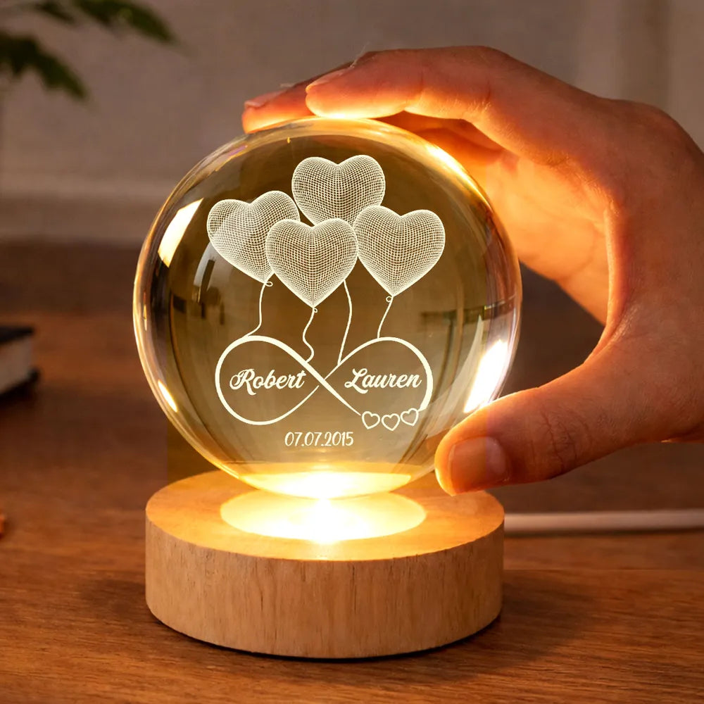 Personalized LED Crystal Ball Lamp for Couples with Heart Design - Anniversary Gift Lamp MagicInPrints