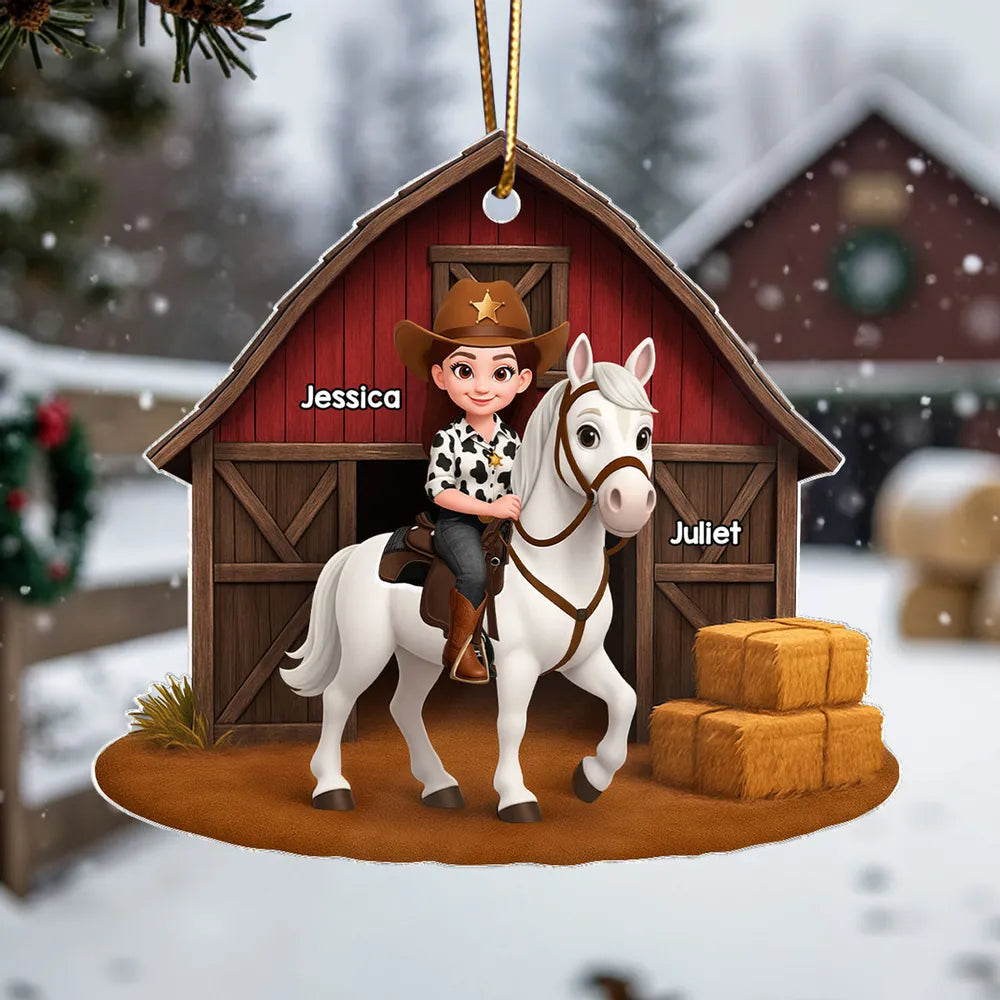 Personalized Horse Riding Ornament for Kids - Custom Name Barn Scene Ornament MagicInPrints