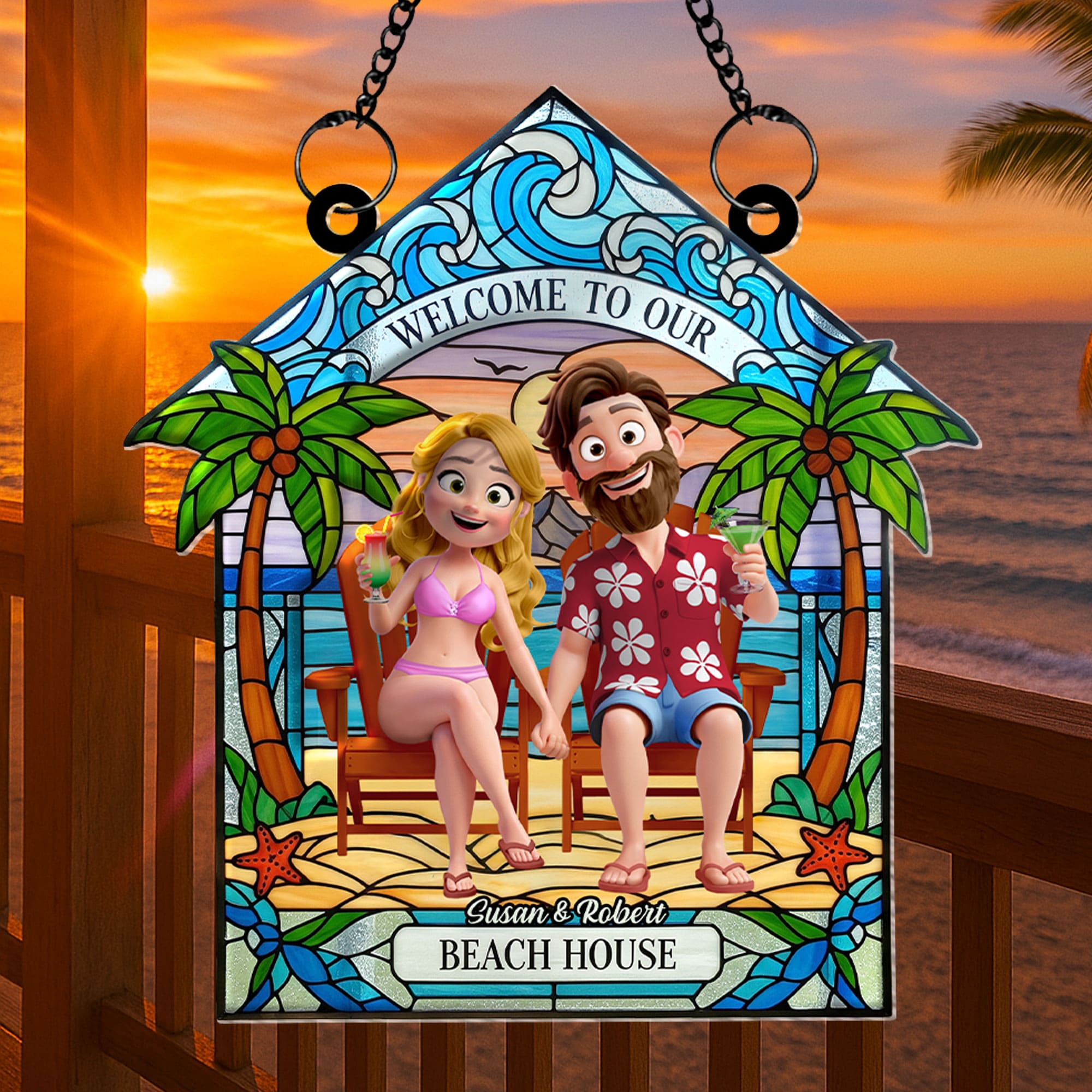 “Celebrate Your Love at the Beach” - Personalized Beach Couple Suncatcher Ornament – Unique Gift for Couples and Beach Lovers Ornament MagicInPrints