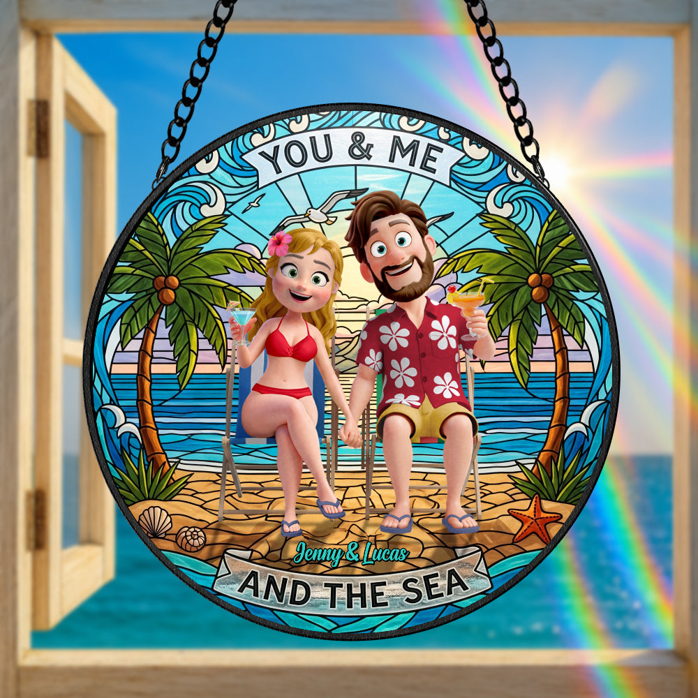 Happy Couple At Beach Stained Glass Suncatcher, Personalized Gifts For Couple 02qhtn160725hg Ornament MagicInPrints