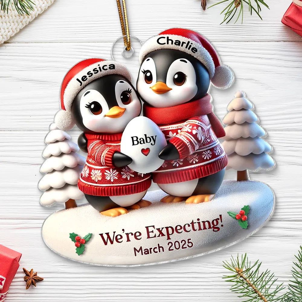 Personalized Penguin Family Christmas Ornament for Expecting Parents - Baby Announcement 2025 Ornament MagicInPrints