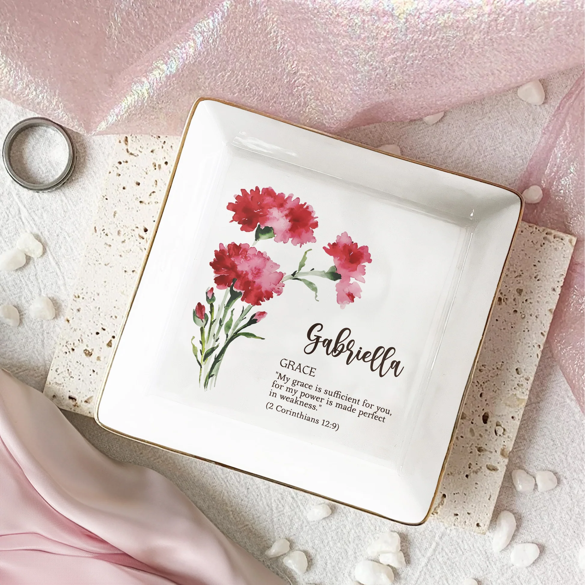 Personalized Jewelry Tray for Women with Carnation Design - Inspirational Gift Jewelry MagicInPrints