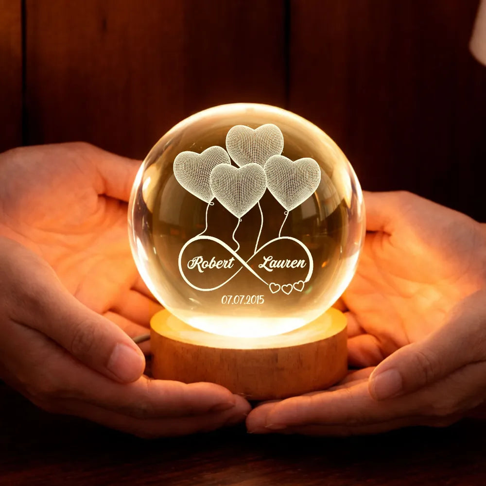 Personalized LED Crystal Ball Lamp for Couples with Heart Design - Anniversary Gift Lamp MagicInPrints