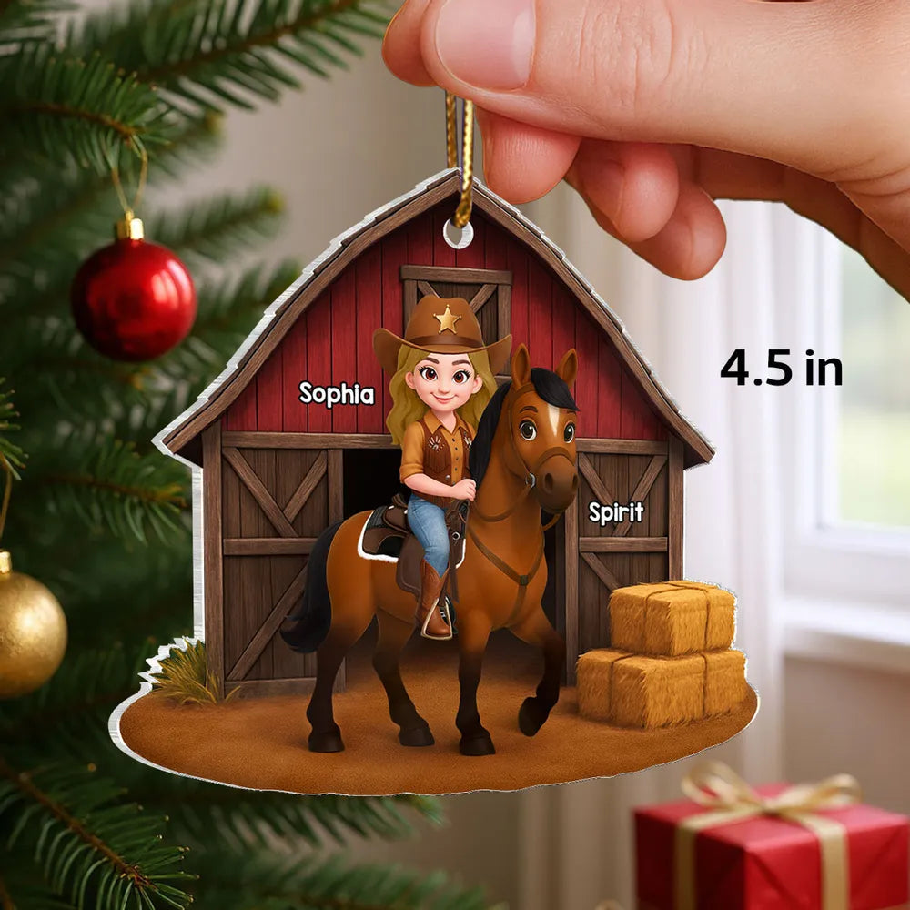 Personalized Horse Riding Ornament for Kids - Custom Name Barn Scene Ornament MagicInPrints