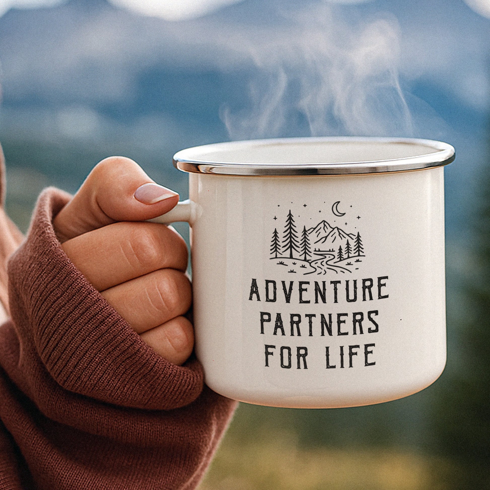 Personalized Adventure Partner Enamel Mug Set for Couples - Outdoor Camping Gift Cup MagicInPrints