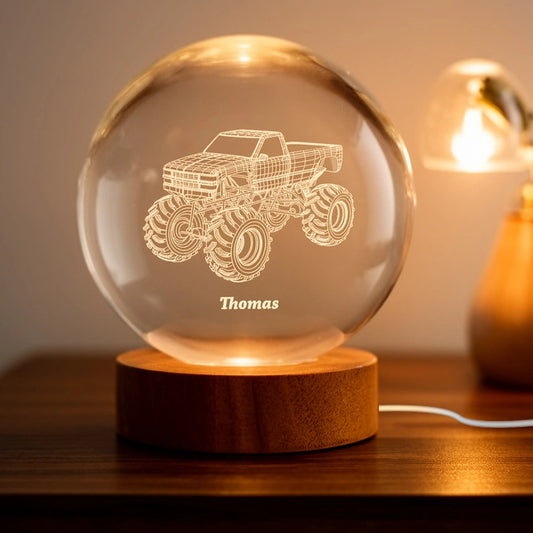 Personalized 3D Engraved Crystal Ball Lamp for Kids - Monster Truck Design Lamp MagicInPrints