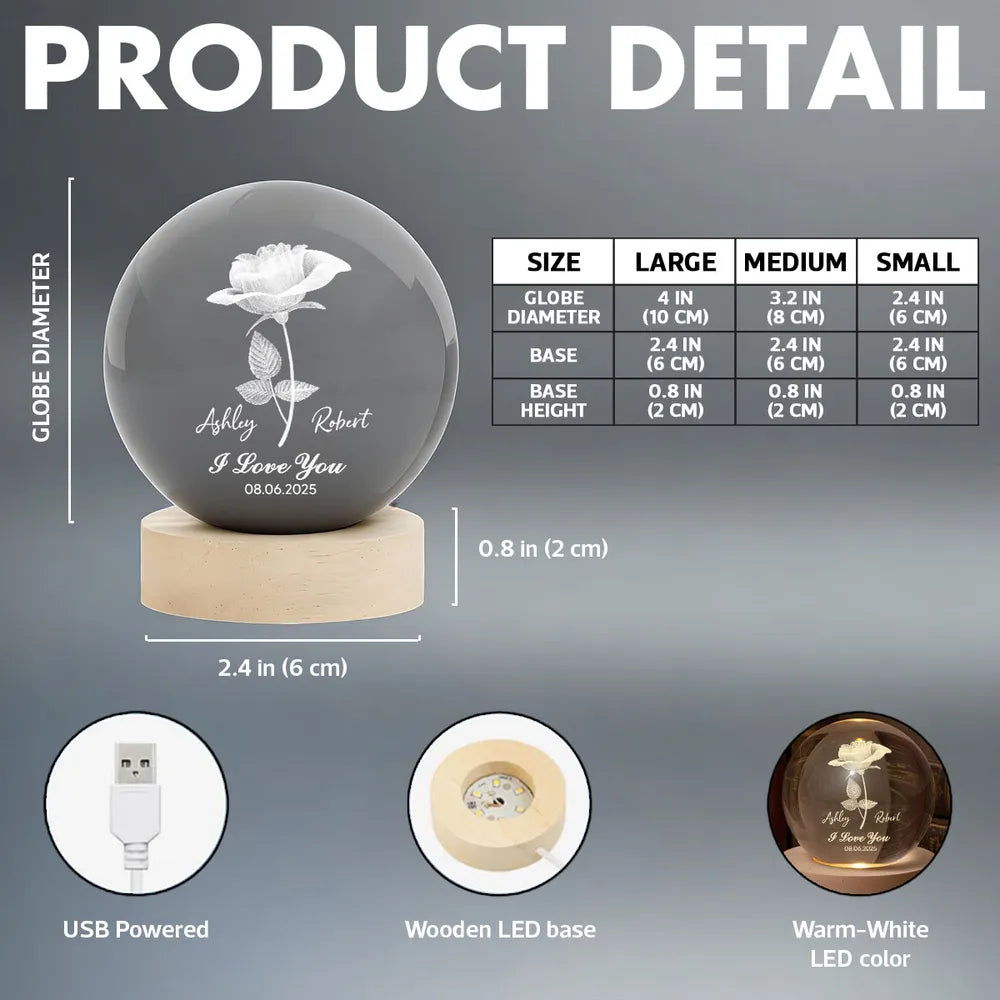 Personalized LED Crystal Ball Lamp for Couples with Rose Design - Anniversary Gift Lamp MagicInPrints
