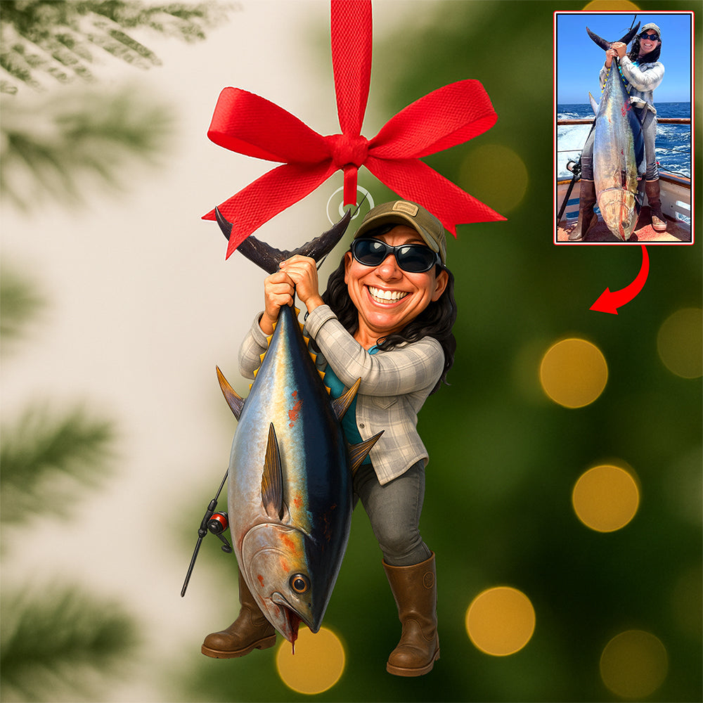 “Catch the Holiday Spirit!” – Funny Caricature Christmas Ornament, Custom Personalized Gift for Fishing Lovers Ornament MagicInPrints