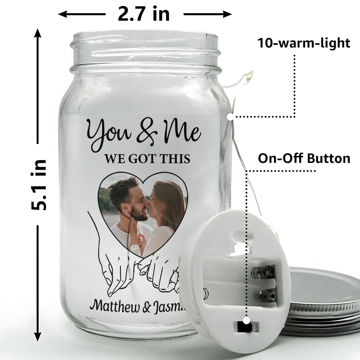 Personalized Photo LED Mason Jar for Couples - Romantic Gift Lamp MagicInPrints