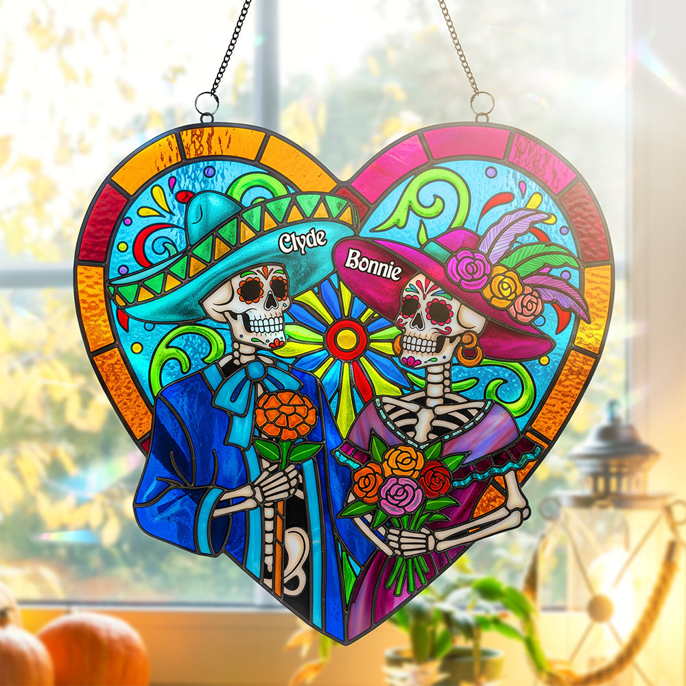 “Together Forever” - Colorful Skull Couple Suncatcher - Personalized Gift for Couples Ornament MagicInPrints