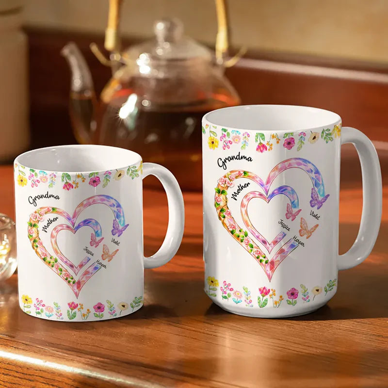 Personalized Family Heart Mug for Grandma - Custom Names with Floral Design Cup MagicInPrints
