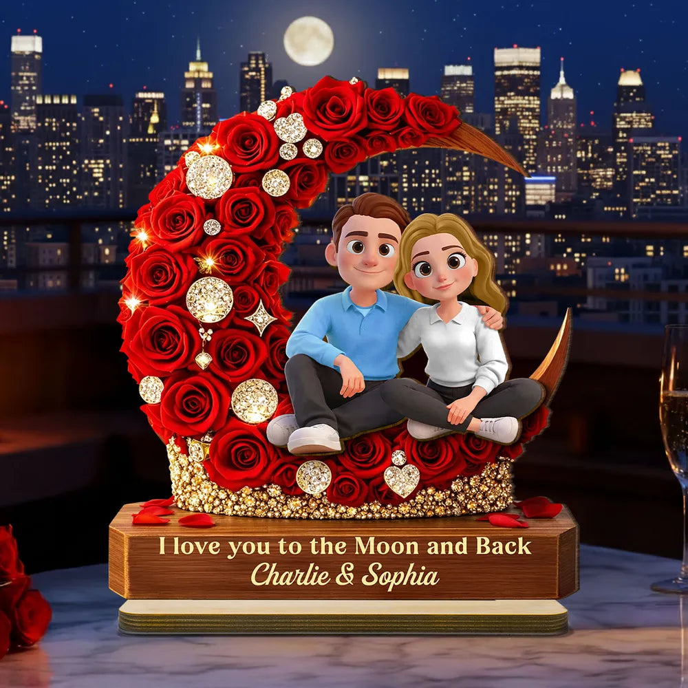 Personalized Romantic Couple Figurine with Red Rose Moon - Anniversary Gift Plaque MagicInPrints
