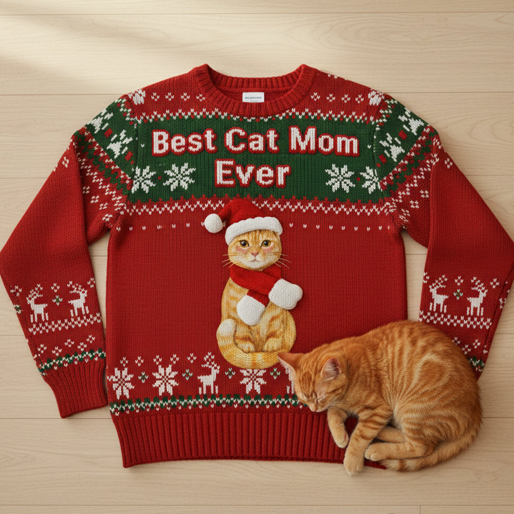 "Best Cat Mom Ever" - Customizable Ugly Sweater for Cat Lovers - Perfect Gift for Cat Moms AOP Products MagicInPrints