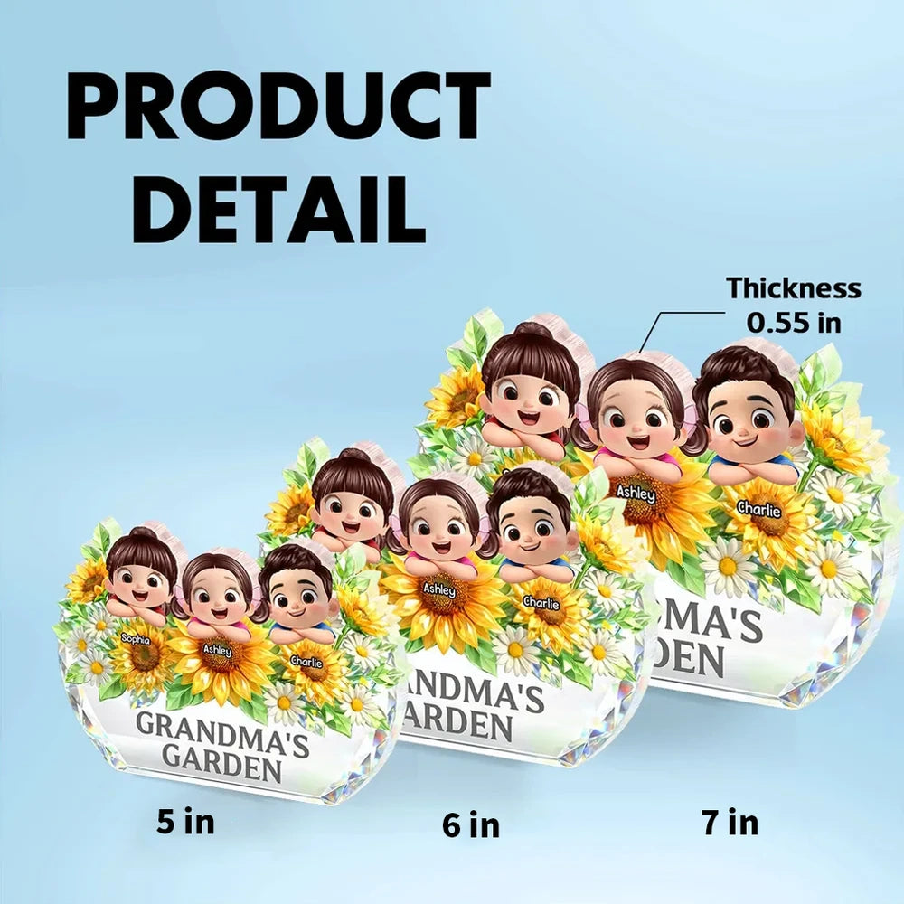 Personalized Crystal Keepsake for Grandma - Custom Cartoon Kids with Sunflowers Plaque MagicInPrints