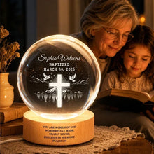 Load image into Gallery viewer, Personalized Globe Lamp with Cross &amp; Doves Gift for Child, Nursery Decor
