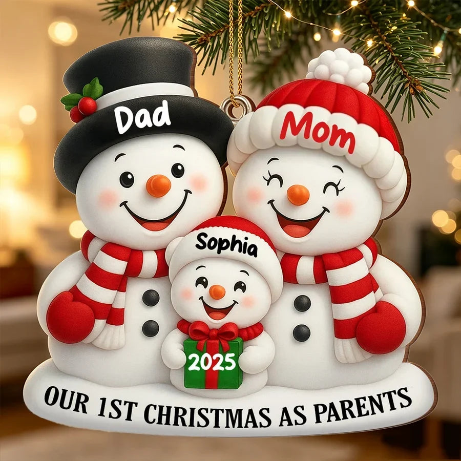 Personalized Wooden Christmas Ornament for New Parents Red Snowman Gift