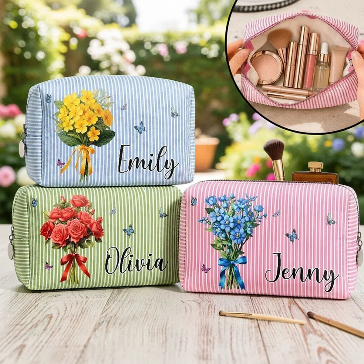 Personalized Striped Makeup Bag Custom Birth Flower Gift for Mom