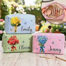 Load image into Gallery viewer, Personalized Striped Makeup Bag Custom Birth Flower Gift for Mom
