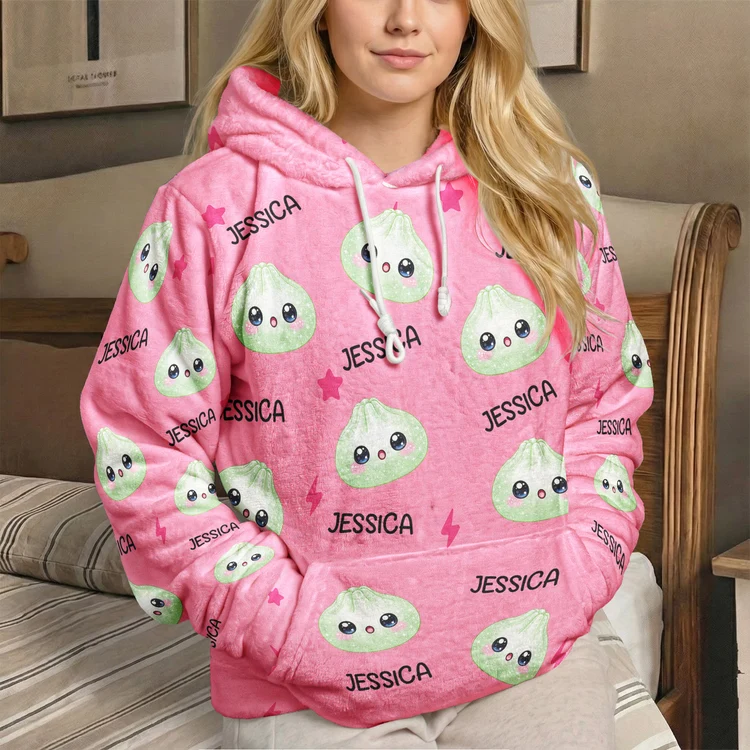 Personalized Youth Flannel Hoodie Cute Dumpling Print Gift for Kids