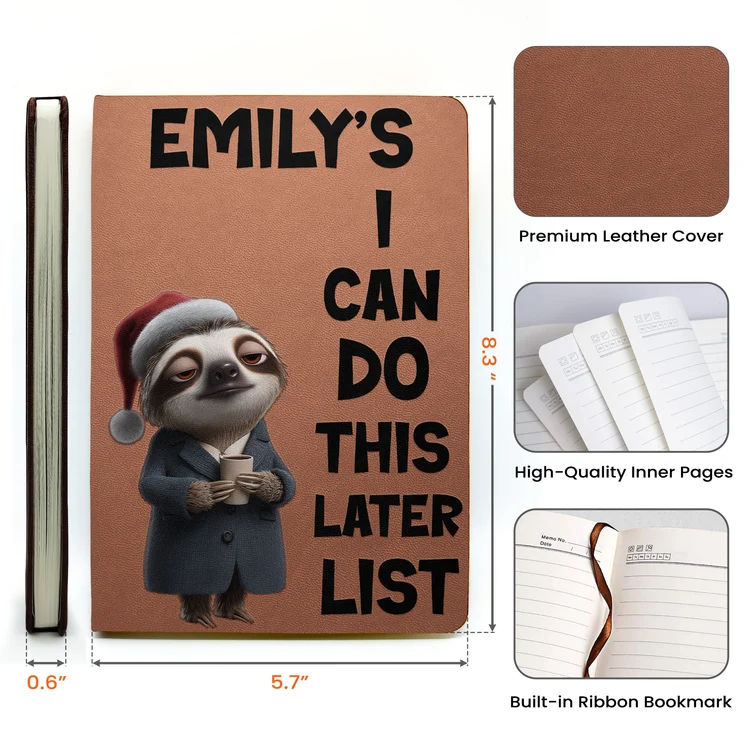 Personalized Leather Journal with Sleepy Sloth Gift for Coworker