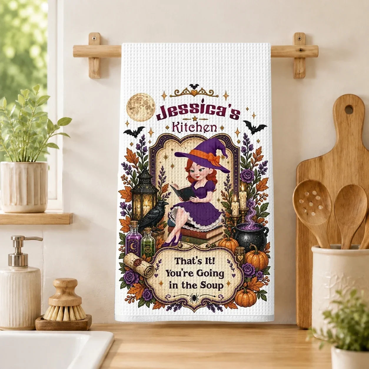 Personalized Halloween Kitchen Towel Custom Witch Art Gift