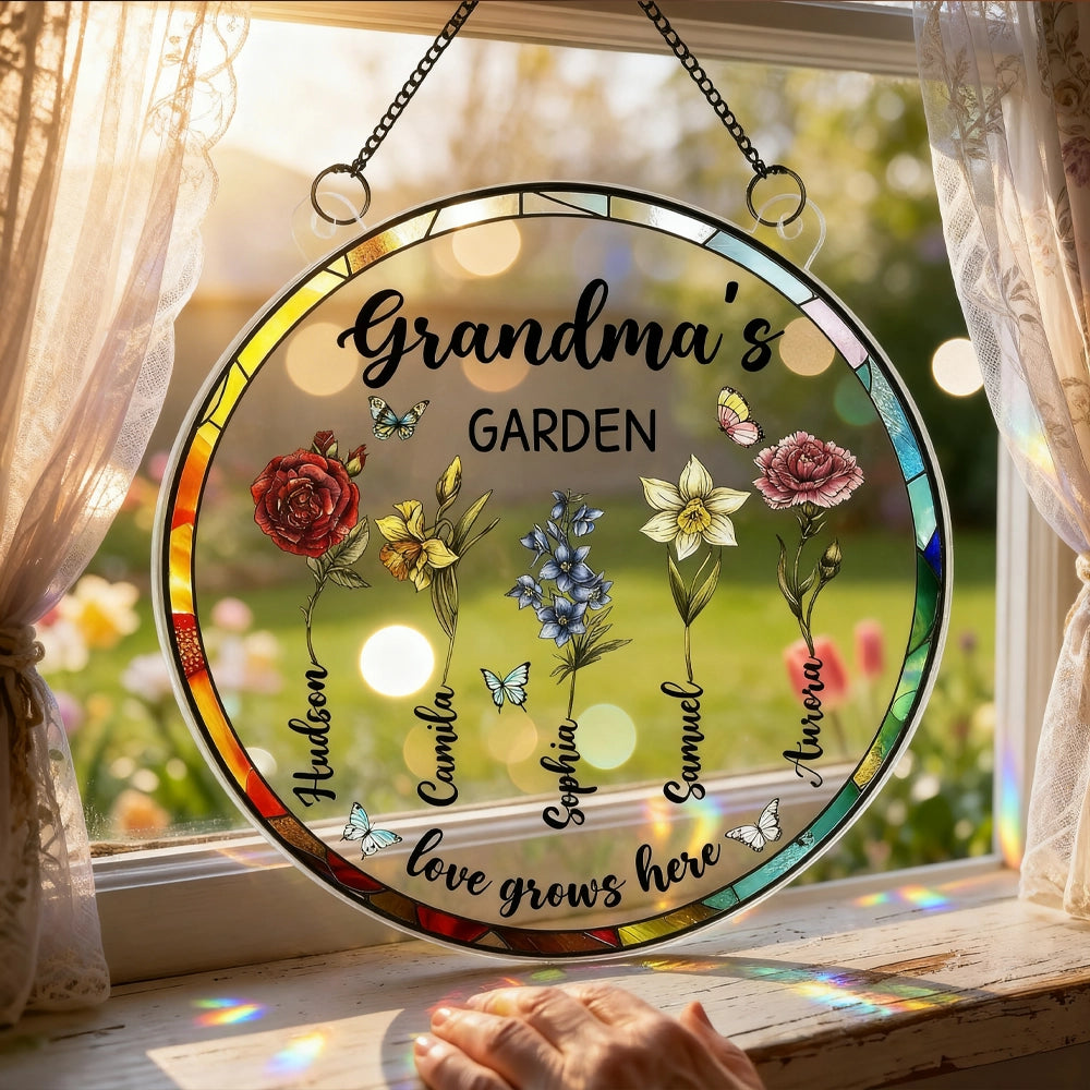 Personalized Stained Glass Window Hanging for Grandma - Family Garden Decoration Ornament MagicInPrints