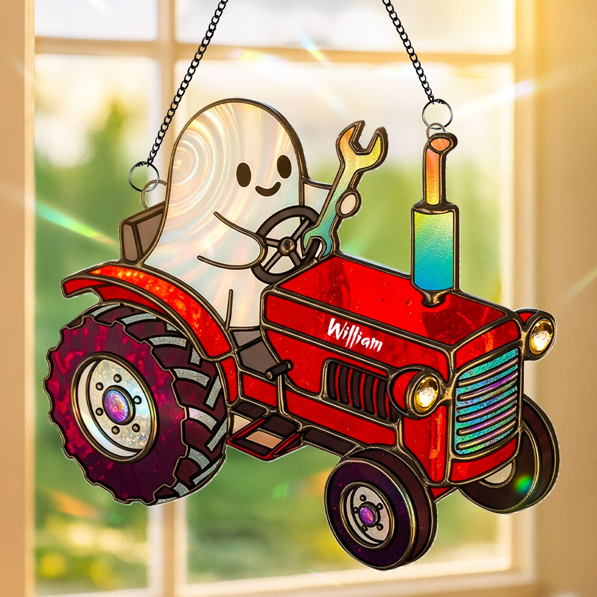 "Rev up your spirit!" Personalized Cute Tractor Ghost Farmer Suncatcher - Unique Gift for Farmers Ornament MagicInPrints