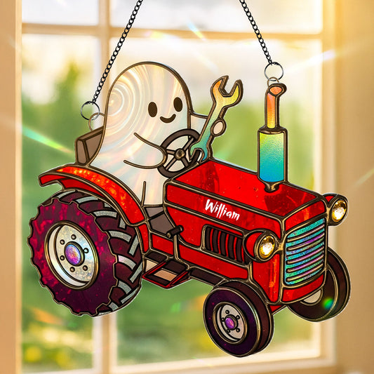 Cute Tractor Ghost Farmer Suncatcher - Personalized Gifts For Farmers Ornament MagicInPrints