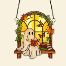 Load image into Gallery viewer, “Books &amp; Ghosts: A Spooky Delight” - Spooky Ghost Suncatcher Ornament, Personalized Gift for Book Lovers Ornament MagicInPrints
