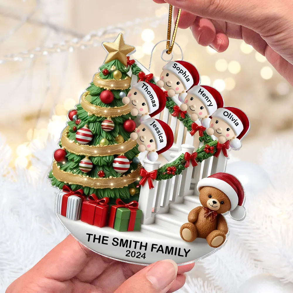 Personalized Family Christmas Ornament - Custom Names on Staircase with Tree and Teddy Bear Ornament MagicInPrints