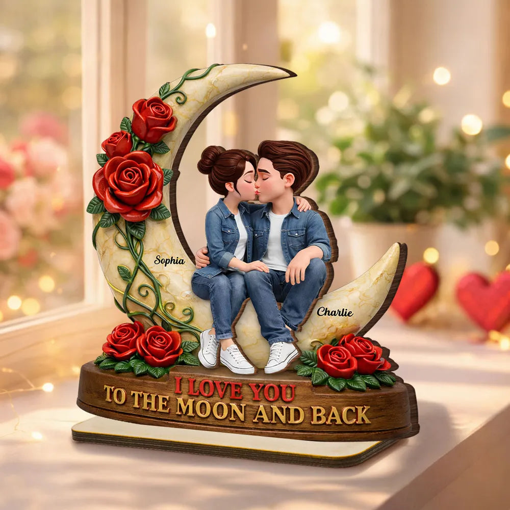 Personalized Romantic Couple Figurine with Moon and Roses - Perfect for Anniversaries Plaque MagicInPrints