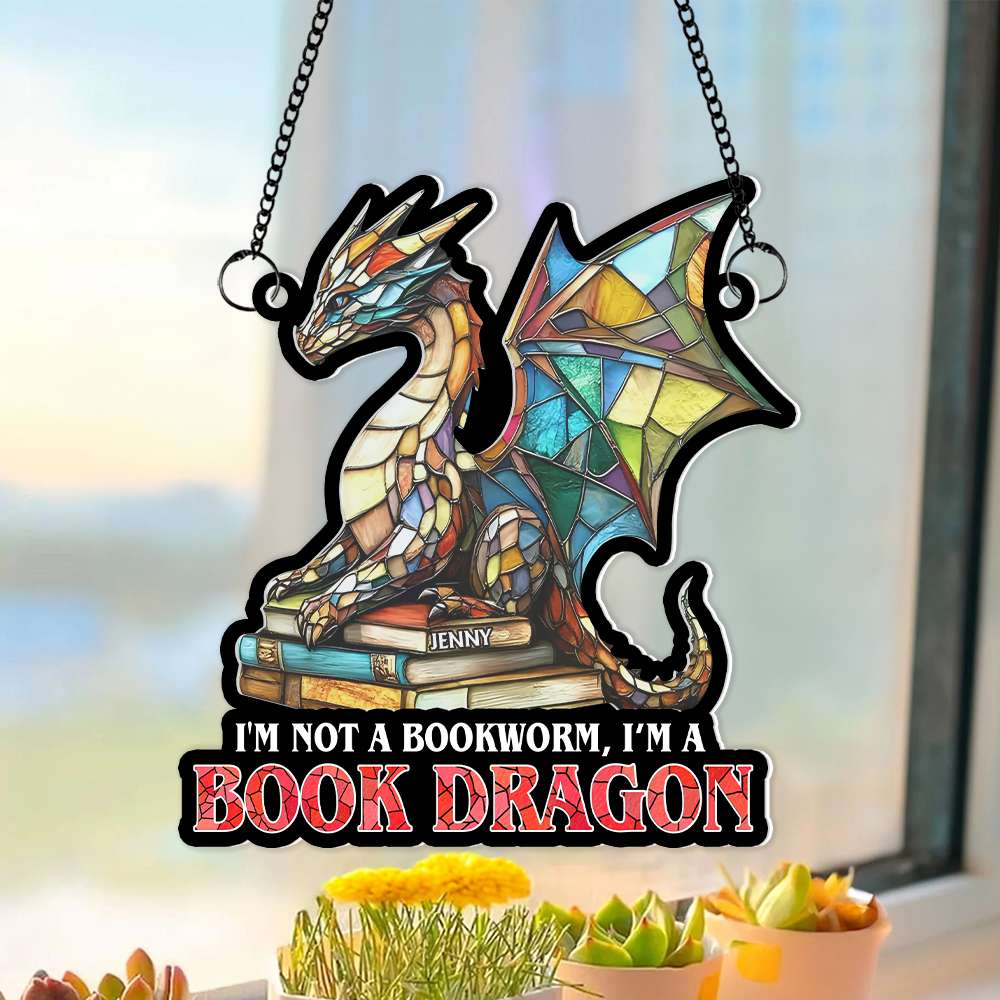 Personalized Book Lover's Suncatcher Ornament - Dragon Reading Book Ornament PopCulturePrints