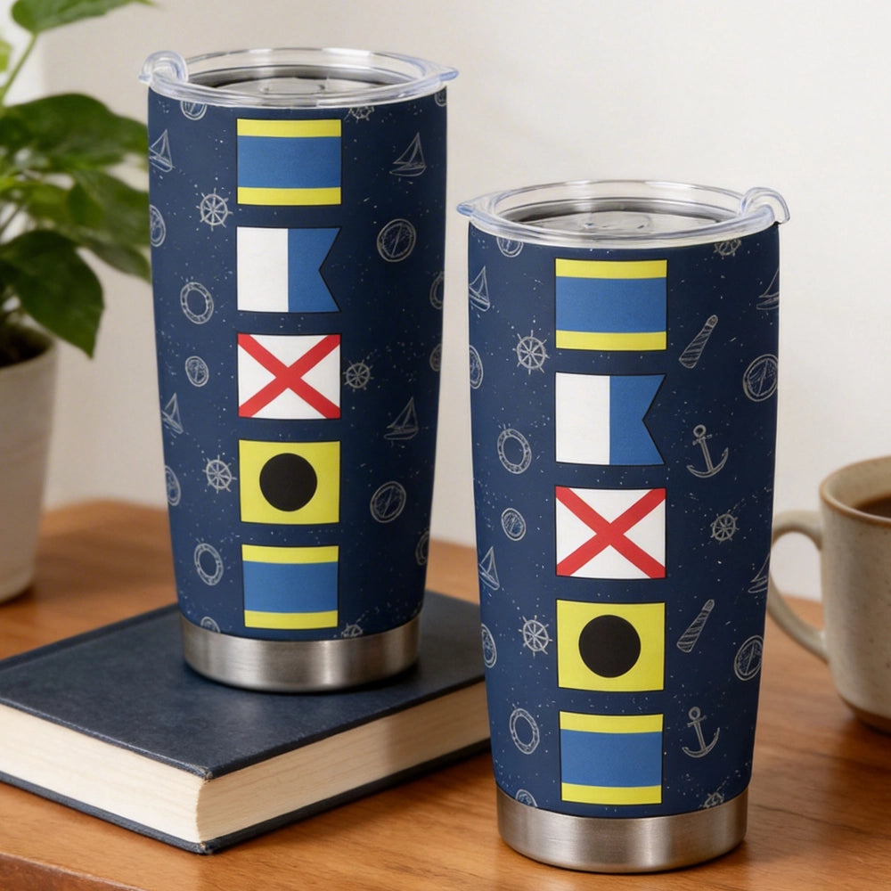 Personalized Nautical Tumbler for Sailors - Insulated Travel Mug with Maritime Flags Cup MagicInPrints
