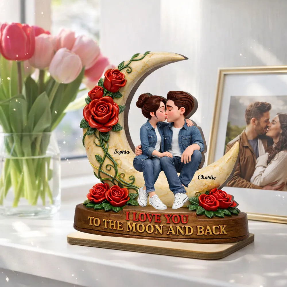 Personalized Romantic Couple Figurine with Moon and Roses - Perfect for Anniversaries Plaque MagicInPrints