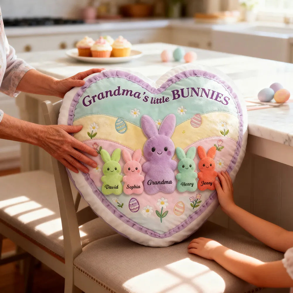 Personalized Heart-Shaped Pillow for Grandma with Bunny Design - Easter Gift Pillow MagicInPrints