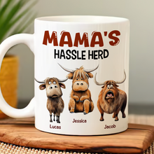 Load image into Gallery viewer, Personalized Mama&#39;s Hassle Herd Coffee Mug - Funny Highland Cow Gift Coffee Mug PopCulturePrints

