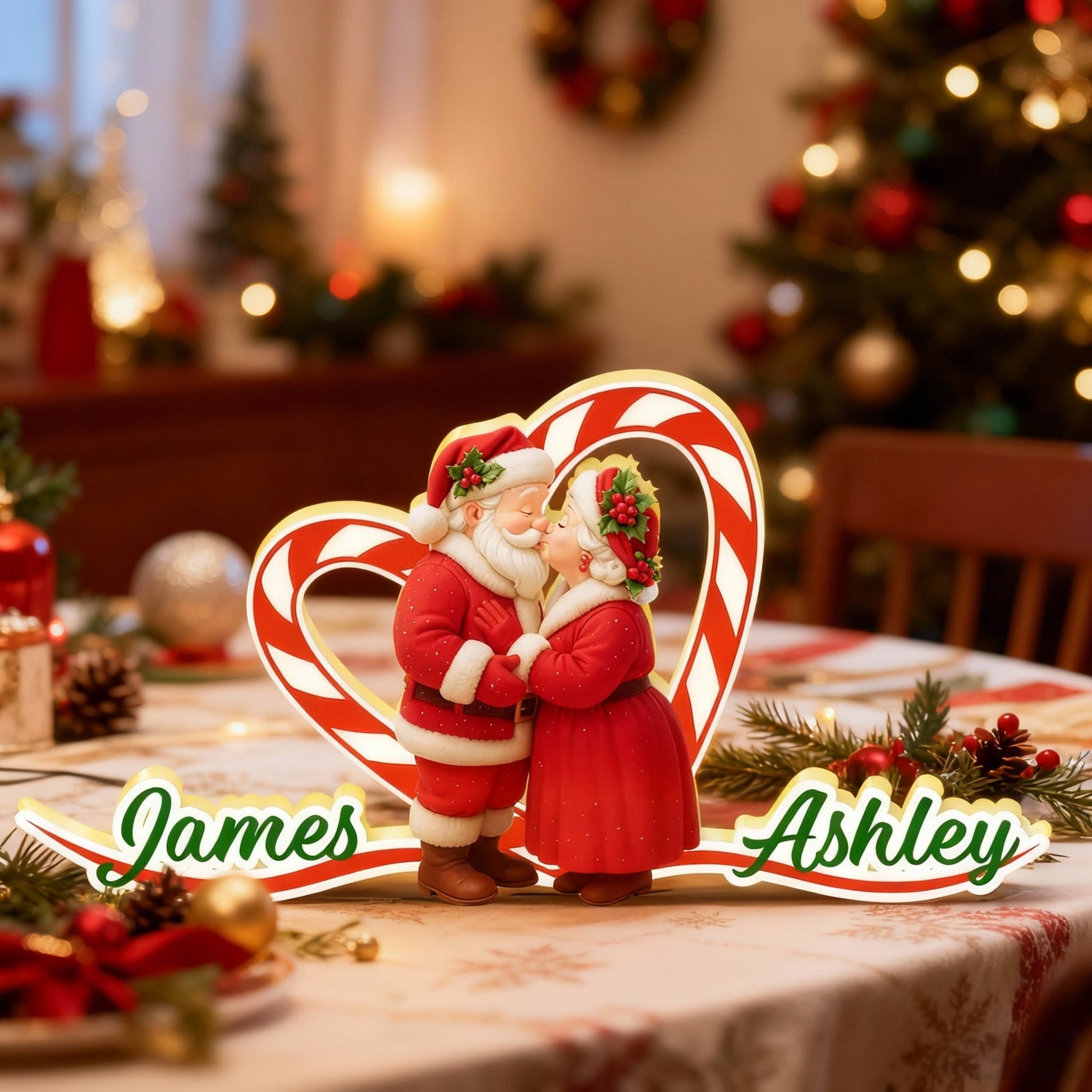 Personalized Christmas Tabletop Decor for Couples - Santa and Mrs. Claus with Heart Plaque MagicInPrints