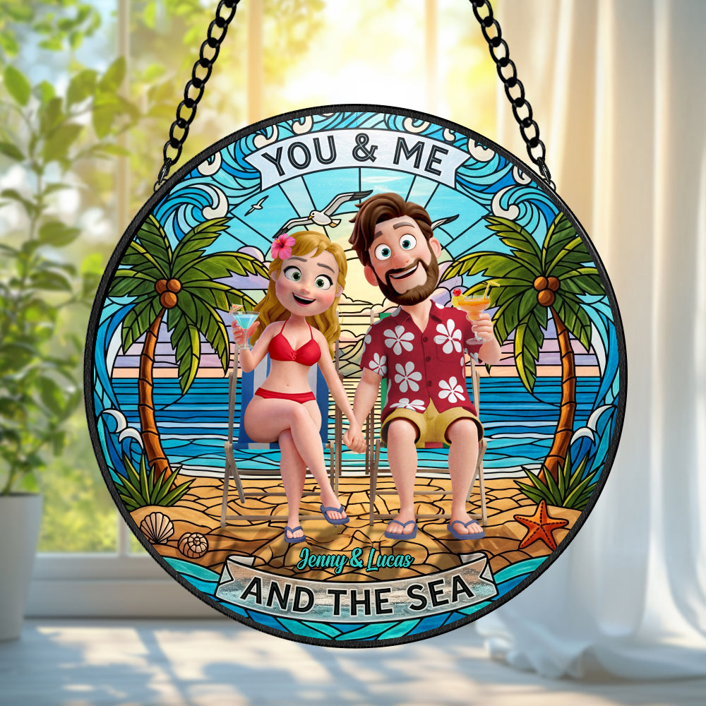Happy Couple At Beach Stained Glass Suncatcher, Personalized Gifts For Couple 02qhtn160725hg Ornament MagicInPrints