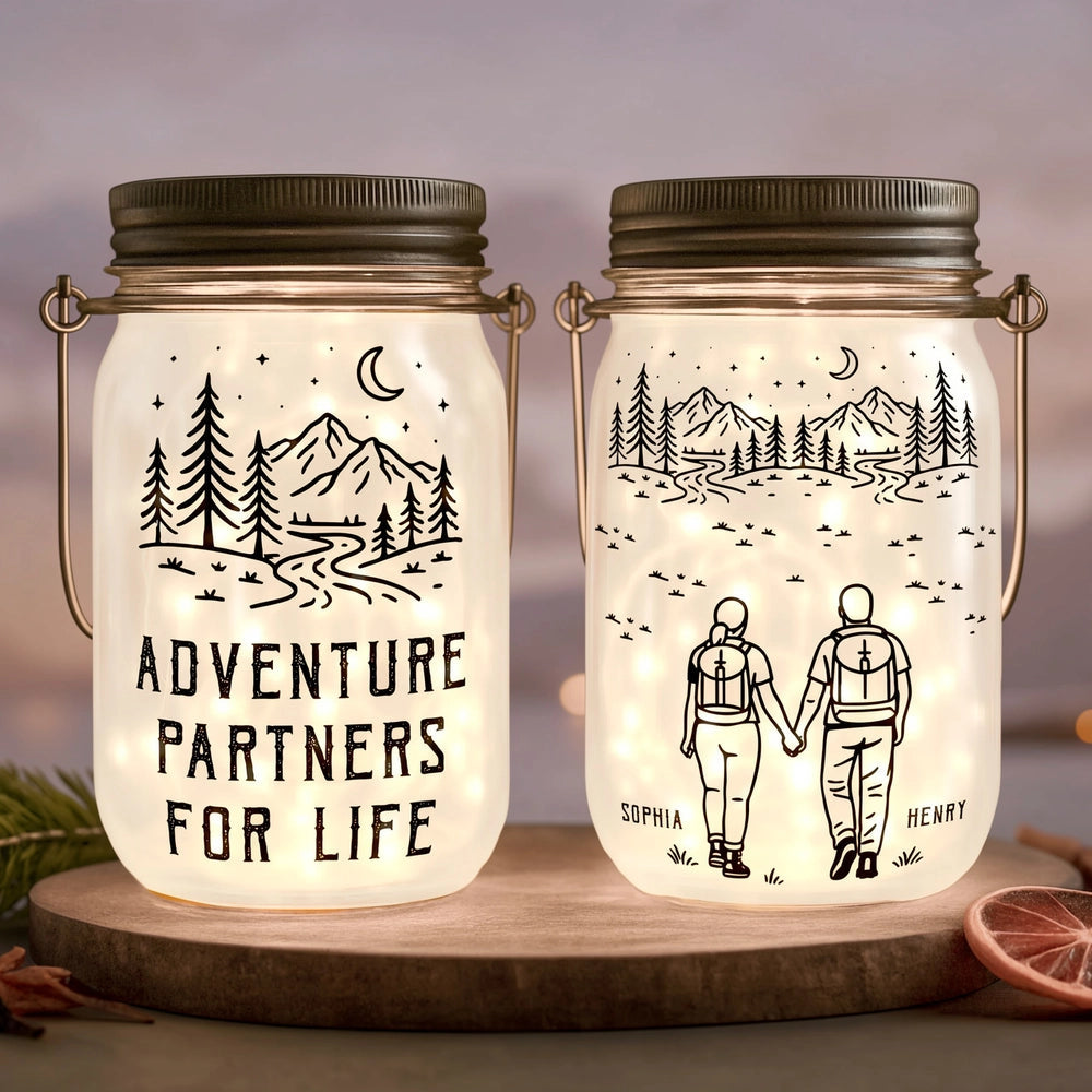 Personalized LED Mason Jar Lantern for Couples - Adventure Partners Gift Lamp MagicInPrints