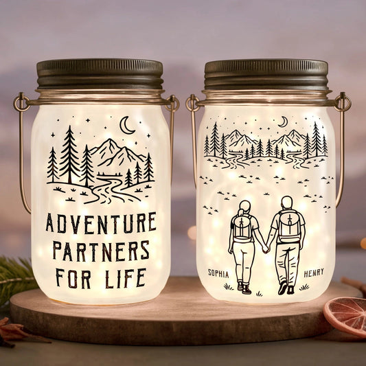 Personalized LED Mason Jar Lantern for Couples - Adventure Partners Gift Lamp MagicInPrints