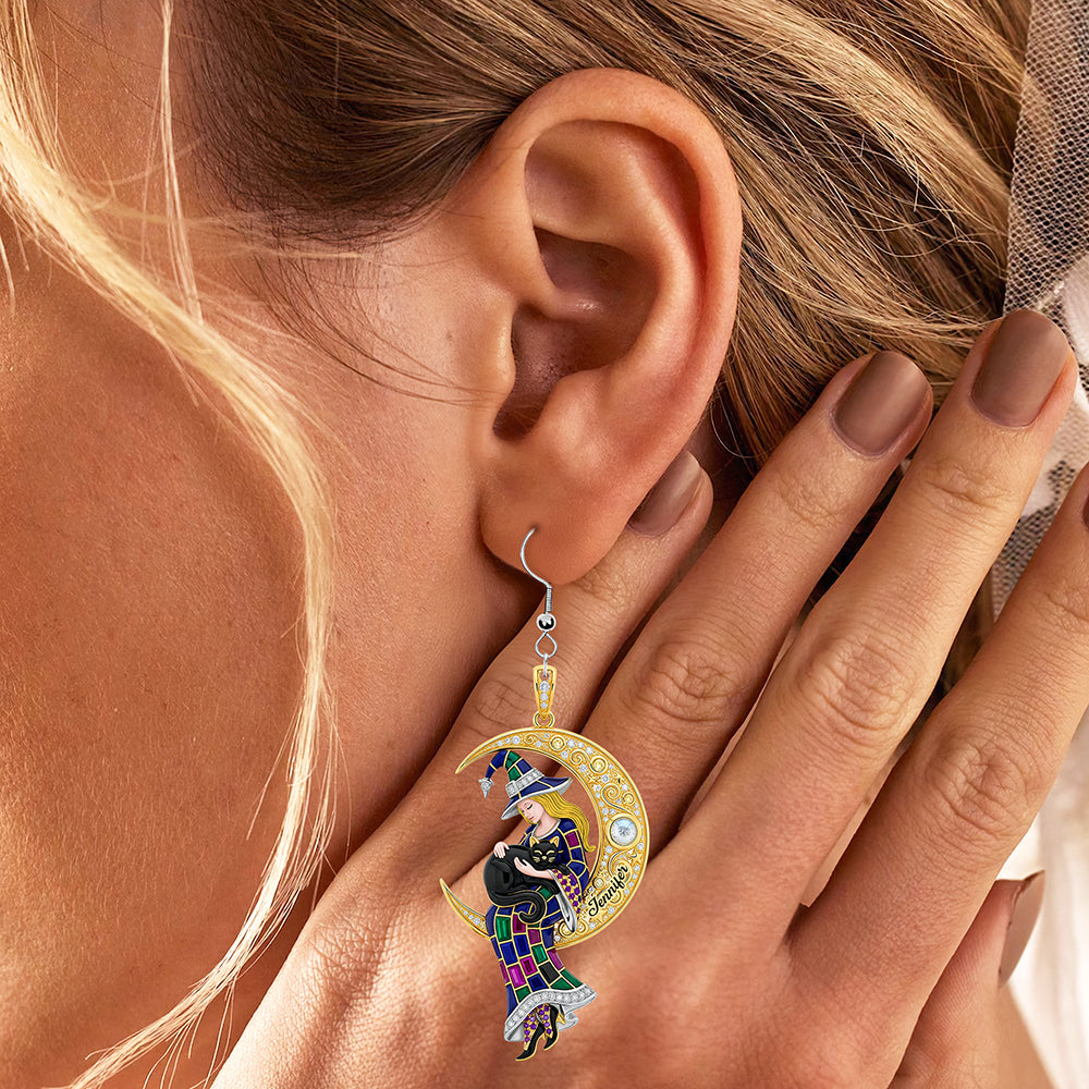 Black Cat & Witch Acrylic Earrings – Personalized Gifts For Witch Lovers Earrings MagicInPrints