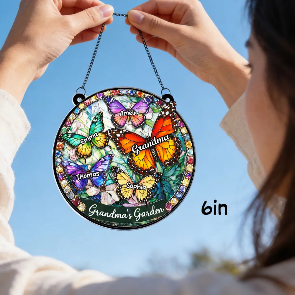 Personalized Stained Glass Suncatcher for Grandma - Butterfly Design for Mother's Day Ornament MagicInPrints