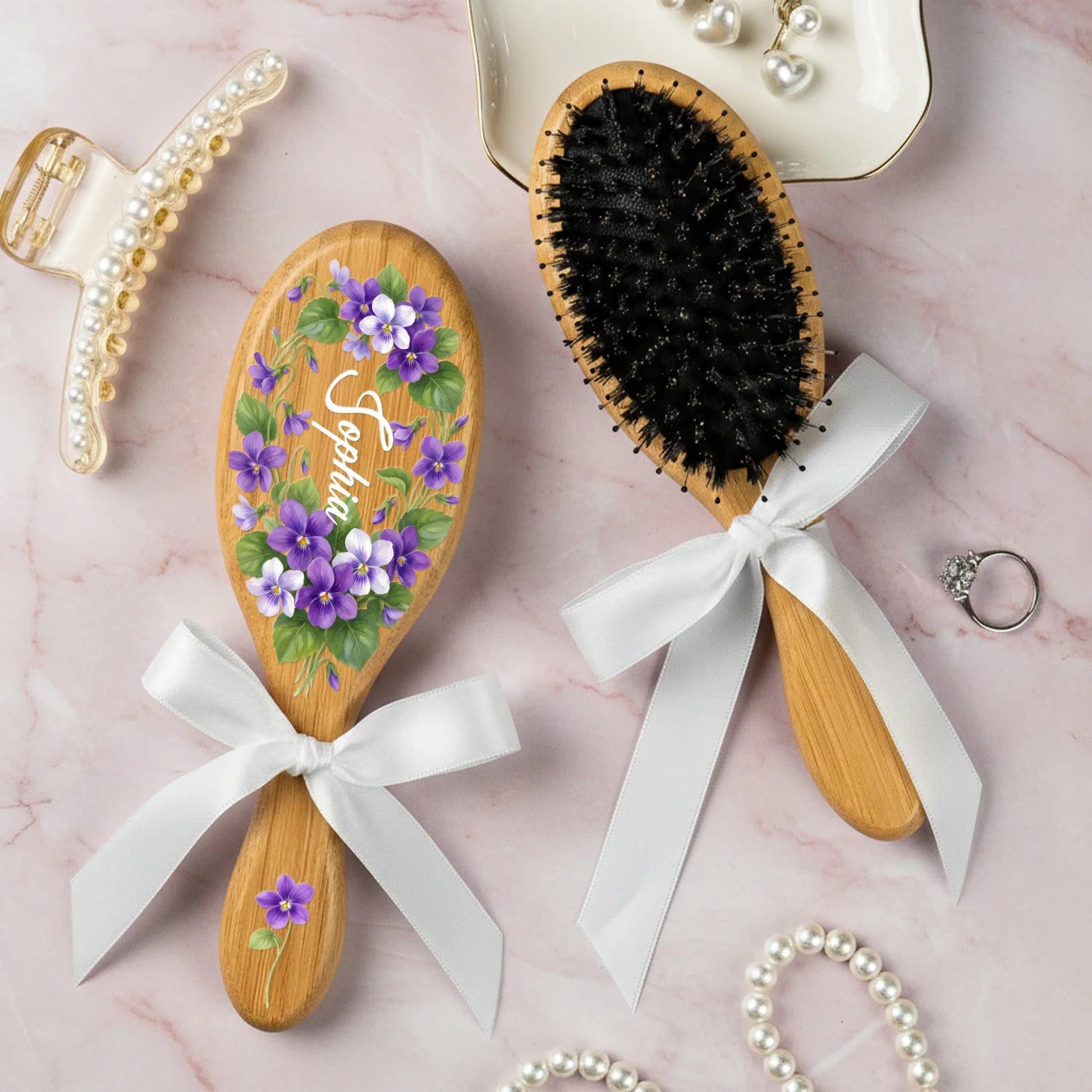 Personalized Floral Bamboo Hair Brush for Women - Elegant Gift Beauty Tools MagicInPrints