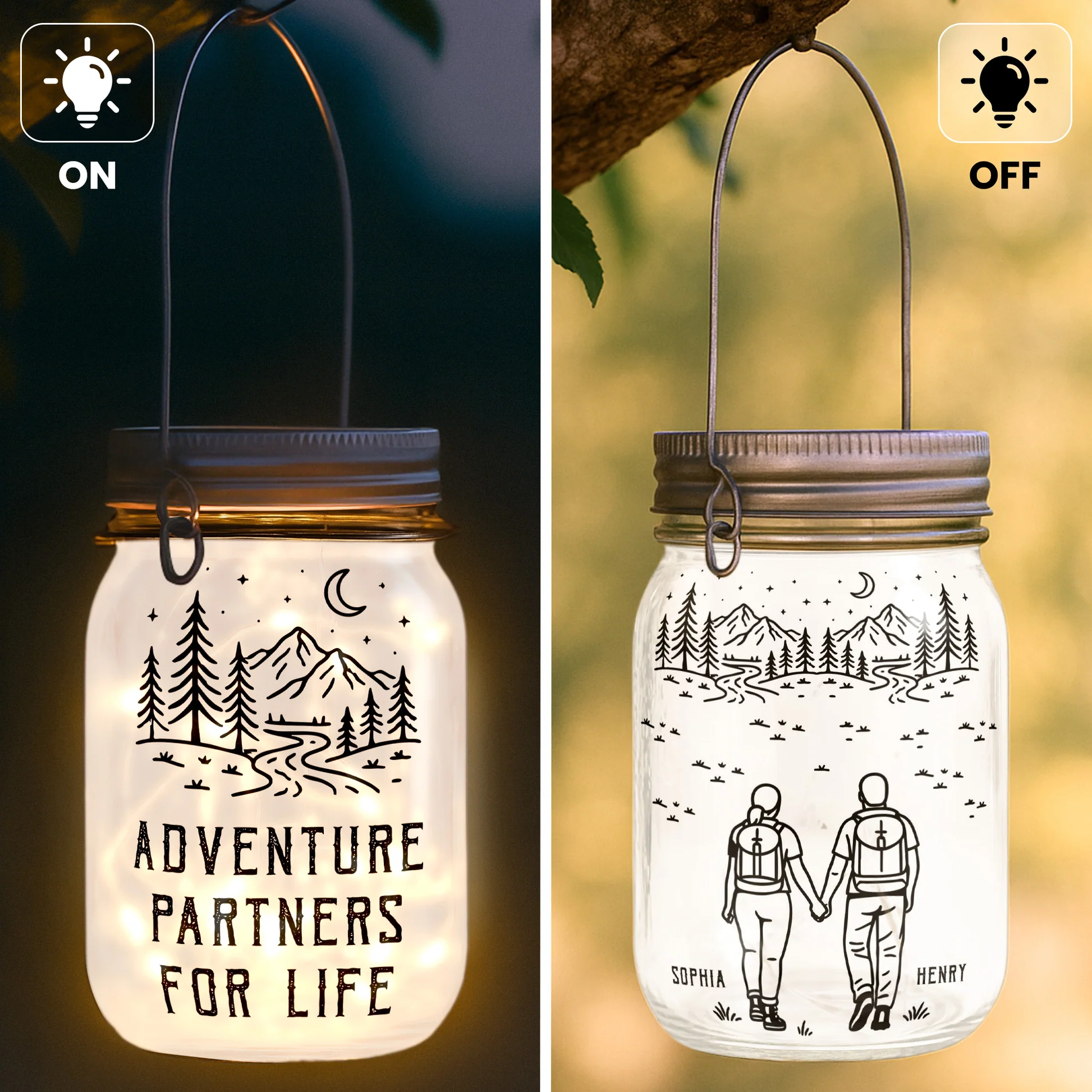 Personalized LED Mason Jar Lantern for Couples - Adventure Partners Gift Lamp MagicInPrints
