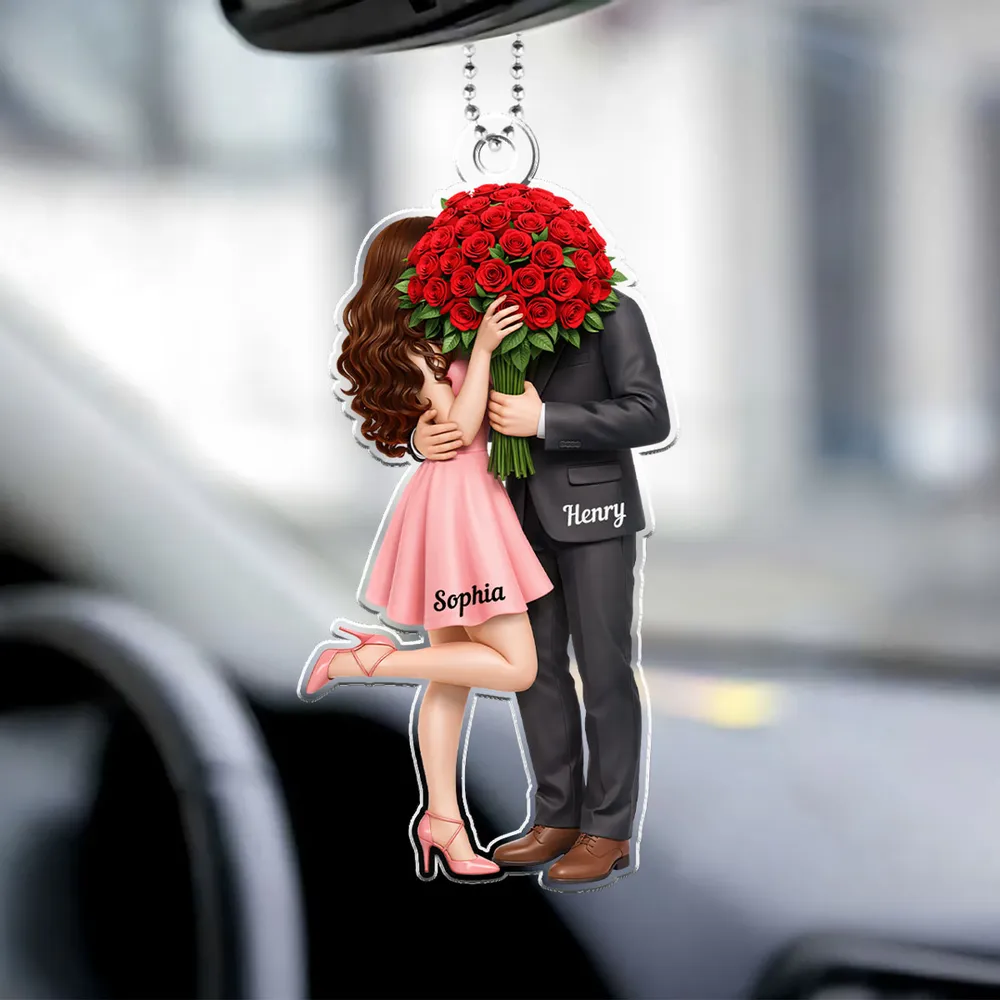 Personalized Couple Car Ornament with Names and Roses - Romantic Gift for Weddings Car Hanger MagicInPrints
