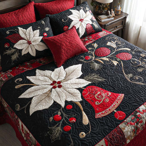 Celebrate the Holidays with Poinsettia Elegance – Personalized 3-Piece Quilted Bedding Set – Gift for Family and Friends Quilted Bedding Set V2 MagicInPrints