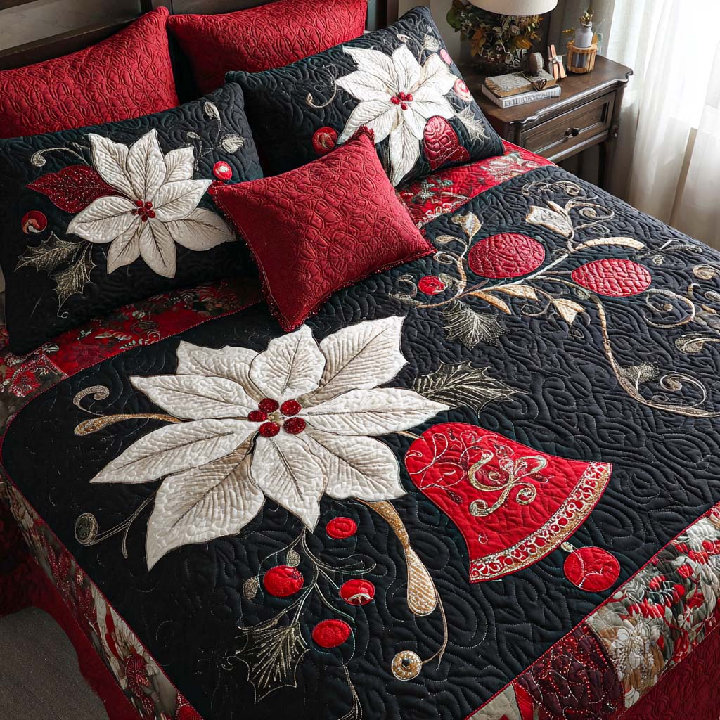 Celebrate the Holidays with Poinsettia Elegance – Personalized 3-Piece Quilted Bedding Set – Gift for Family and Friends Quilted Bedding Set V2 MagicInPrints