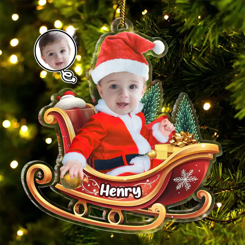 Personalized Baby Photo Christmas Ornament - Custom Santa Sleigh Decoration Ornament MagicInPrints