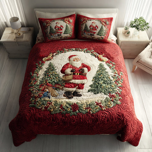 Bring Christmas Cheer Home – Personalized Wreath Santa Claus 3-Piece Quilted Bedding Set – Gift for Families Quilted Bedding Set V2 MagicInPrints