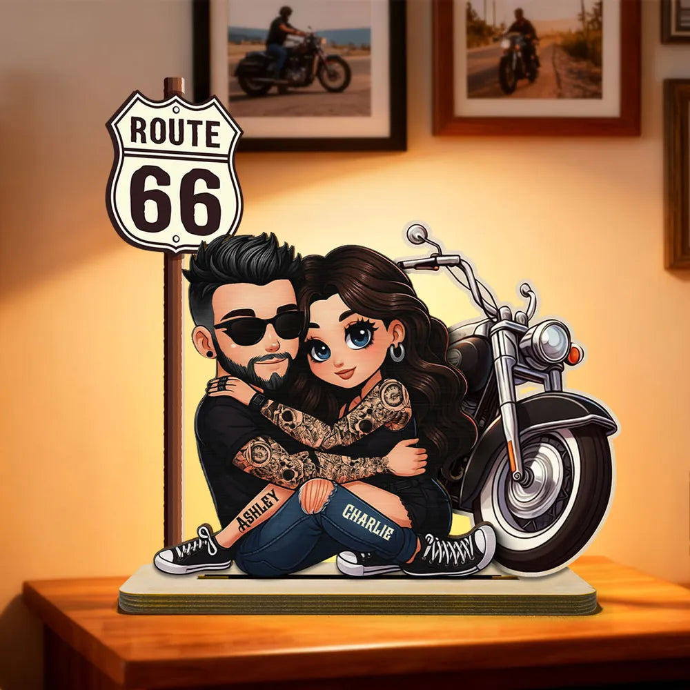 Custom Couple Figurine for Bikers with Route 66 Sign - Romantic Gift Plaque MagicInPrints